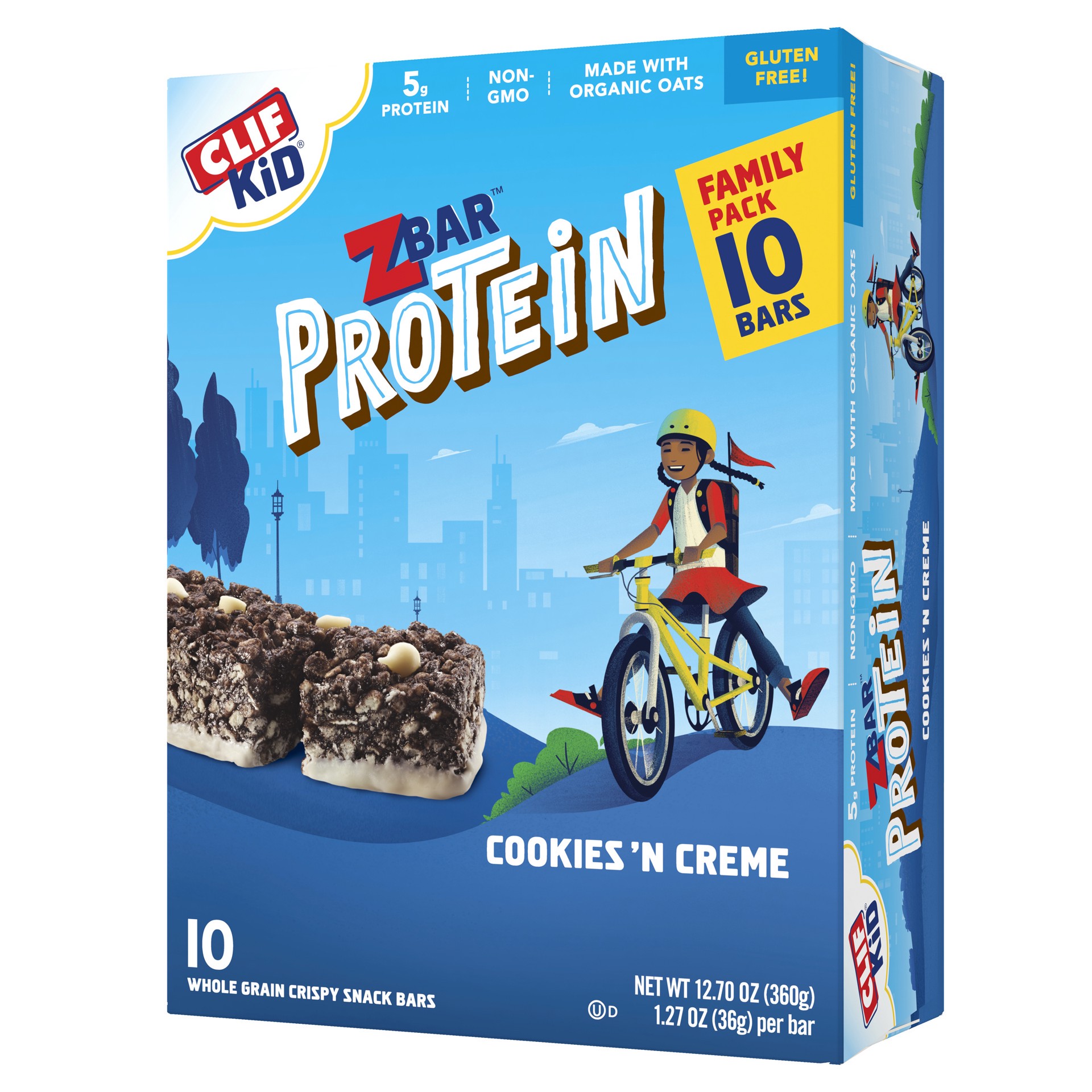 slide 1 of 7, CLIF Kid Zbar Protein - Cookies 'n Creme - Crispy Whole Grain Snack Bars - Made with Organic Oats - Non-GMO - 5g Protein - 1.27 oz. (10 Pack), 12.7 oz