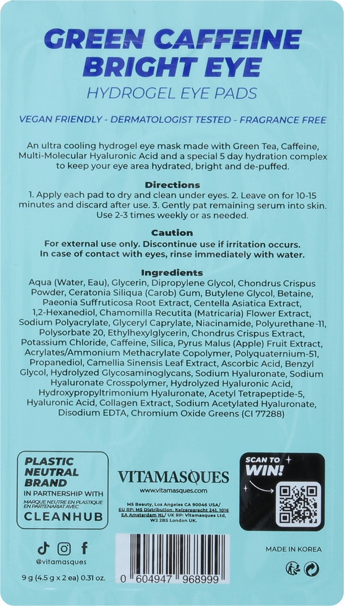 slide 9 of 9, Vitamasques Hydrogel Bright Eye Green Caffeine Eye Pads 1 ea, 1 ct