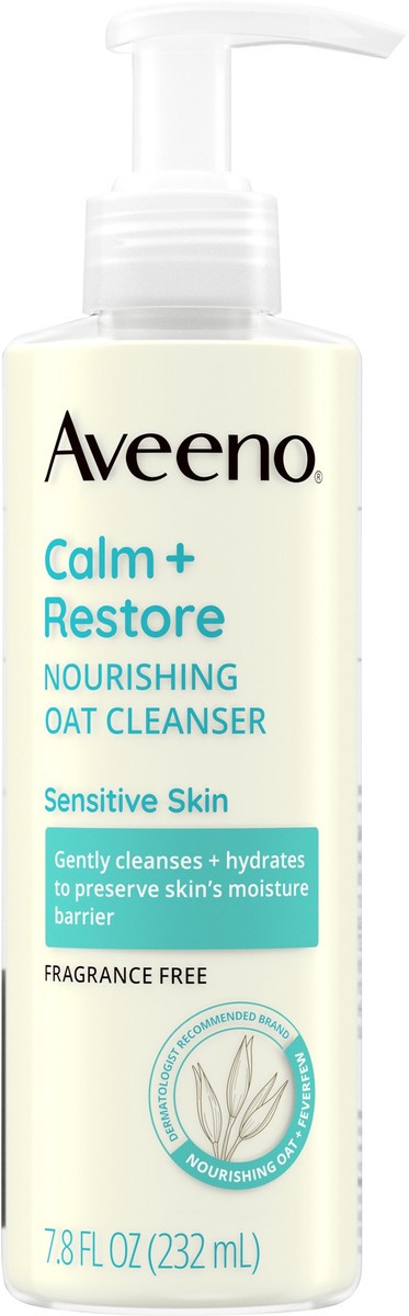 slide 4 of 11, Aveeno Calm + Restore Nourishing Oat Face Cleanser for Sensitive Skin, Gentle Milky Cleanser with Nourishing Oat & Feverfew, to Preserve Skin's Moisture Barrier, Fragrance-Free, 7.8 fl. oz, 7.80 fl oz