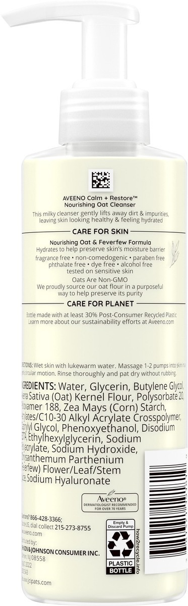 slide 8 of 11, Aveeno Calm + Restore Nourishing Oat Face Cleanser for Sensitive Skin, Gentle Milky Cleanser with Nourishing Oat & Feverfew, to Preserve Skin's Moisture Barrier, Fragrance-Free, 7.8 fl. oz, 7.80 fl oz