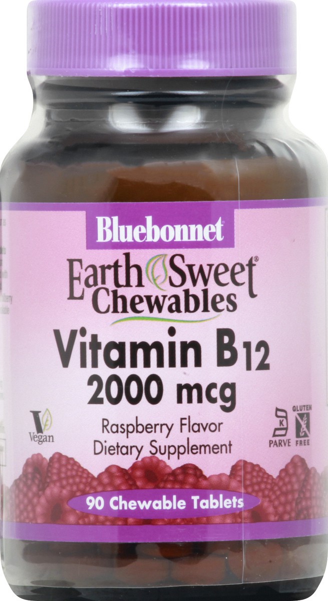 slide 1 of 9, Bluebonnet Nutrition 2000 mcg Tablets Raspberry Flavor Vitamin B12 90 ea, 90 ct