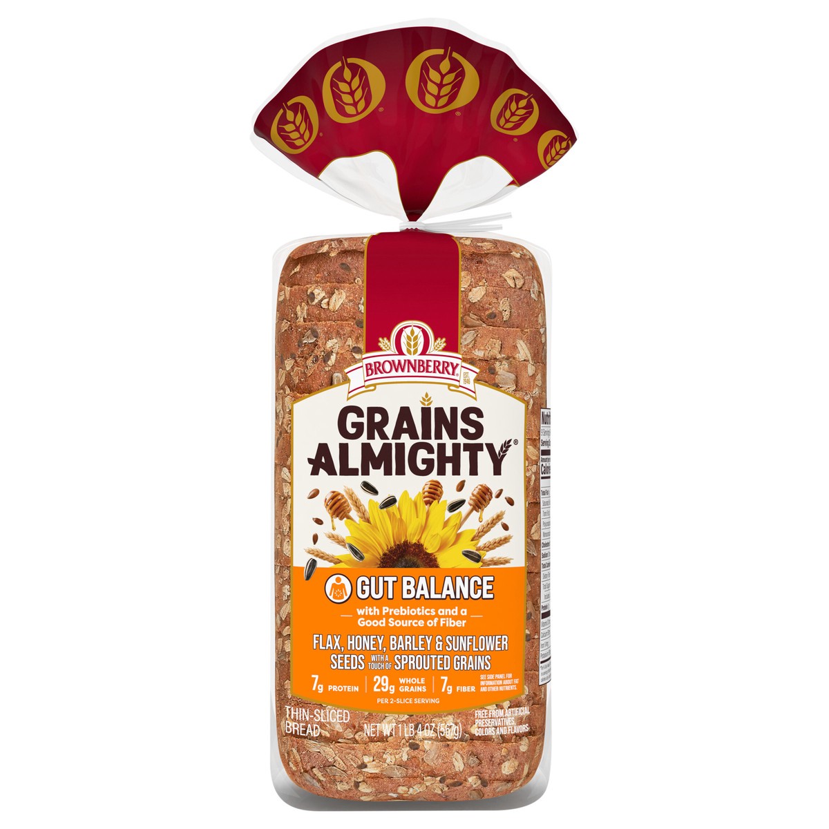 slide 1 of 13, Brownberry Grains Almighty Gut Balance Bread, 20 oz, Whole Grain Thin Sliced Seeded Bread, Bag, 20 oz