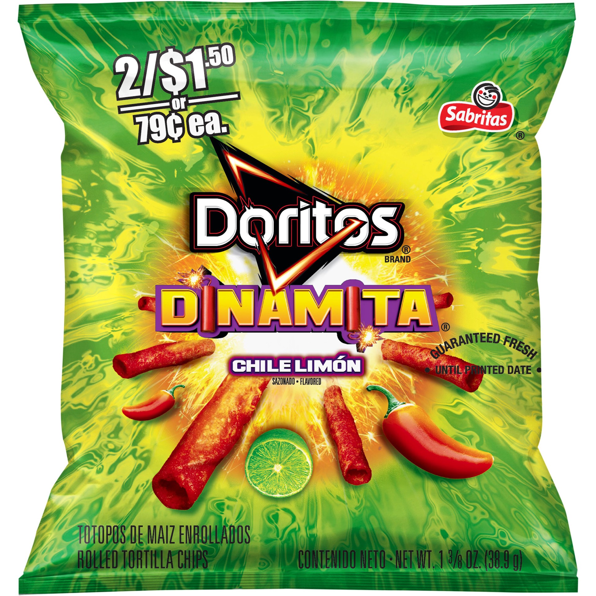 slide 1 of 5, Doritos Dinamita Rolled Tortilla Chips Chile Limon 1 3/8 Oz, 1.38 oz