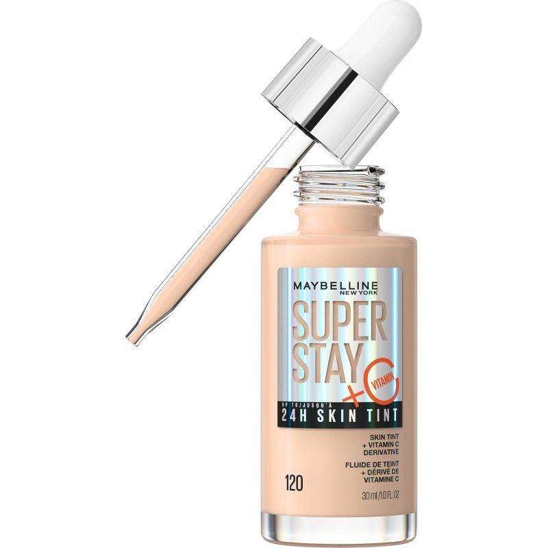 slide 1 of 9, Maybelline Super Stay 24HR Skin Tint Foundation Serum with Vitamin C - 120 - 1 fl oz: Noncomedogenic, Vegan, 120 ct; 1 fl oz