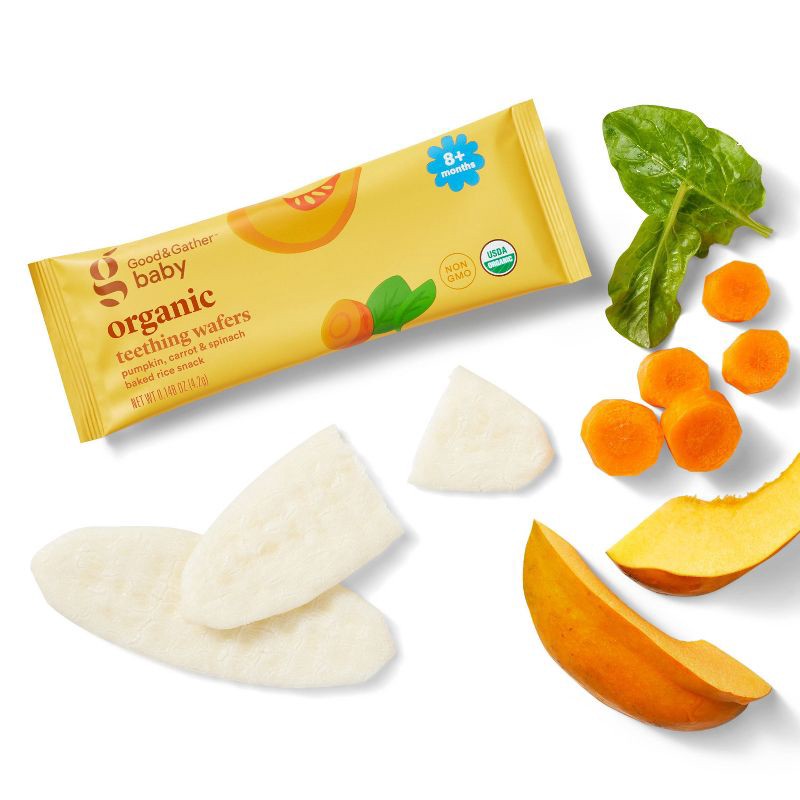slide 2 of 5, Organic Pumpkin Carrot and Spinach Teething Wafers Baby Snacks - 1.76oz/12pk - Good & Gather™, 12 ct; 1.76 oz