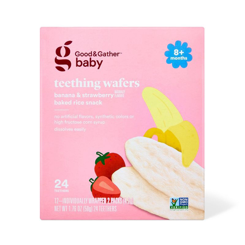 slide 1 of 5, Banana Strawberry Teething Wafers Baby Snacks - 1.76oz/12pk - Good & Gather™, 12 ct; 1.76 oz