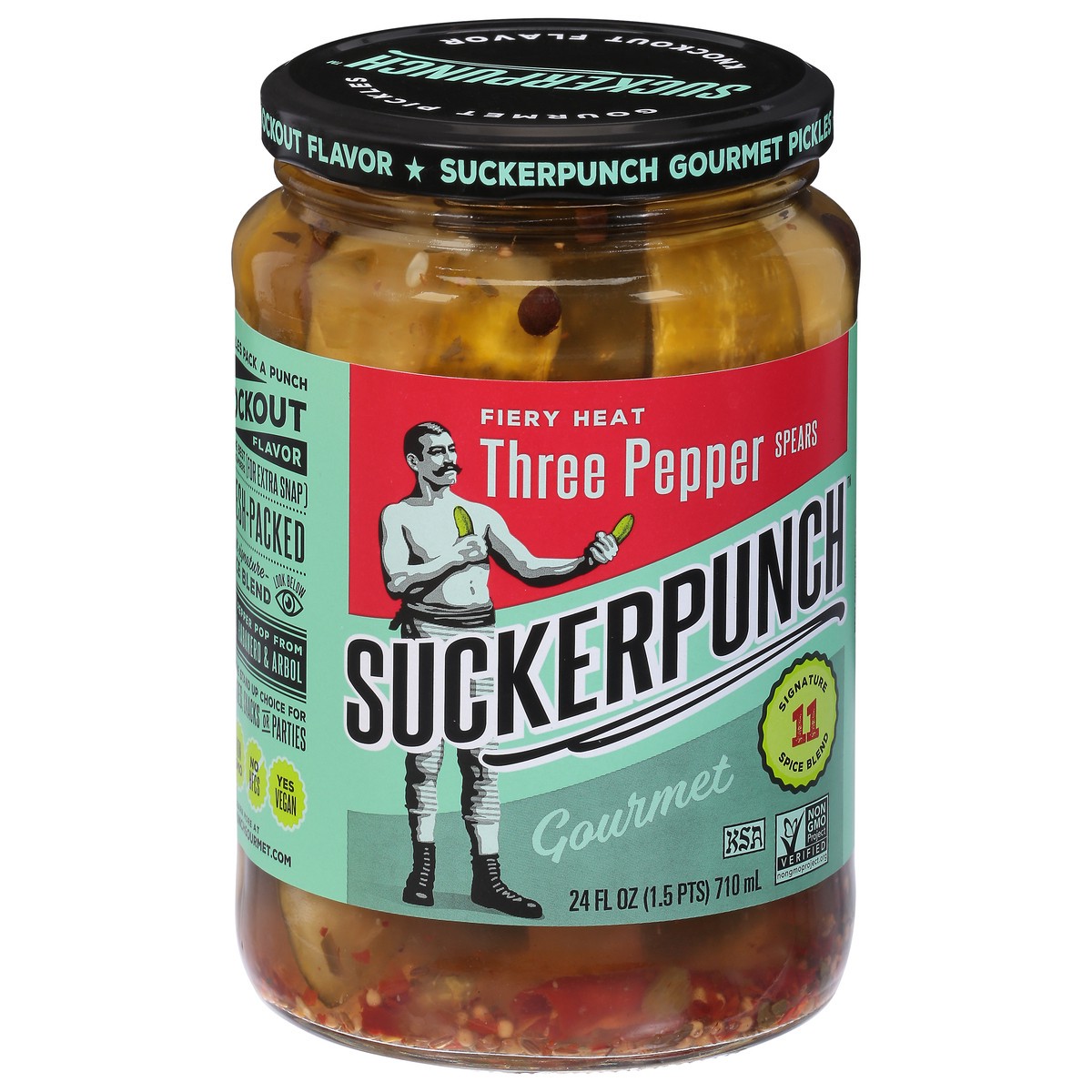 slide 5 of 9, SuckerPunch Gourmet Fiery Heat Spears Three Pepper Pickles 24 fl oz, 24 fl oz