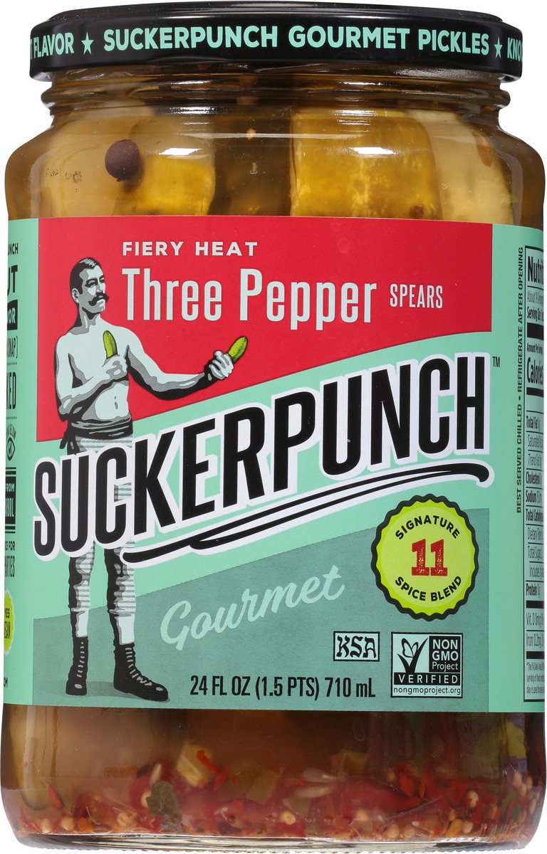 slide 9 of 9, SuckerPunch Gourmet Fiery Heat Spears Three Pepper Pickles 24 fl oz, 24 fl oz