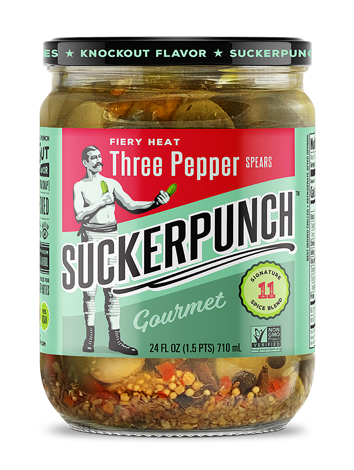 slide 1 of 9, SuckerPunch Gourmet Fiery Heat Spears Three Pepper Pickles 24 fl oz, 24 fl oz