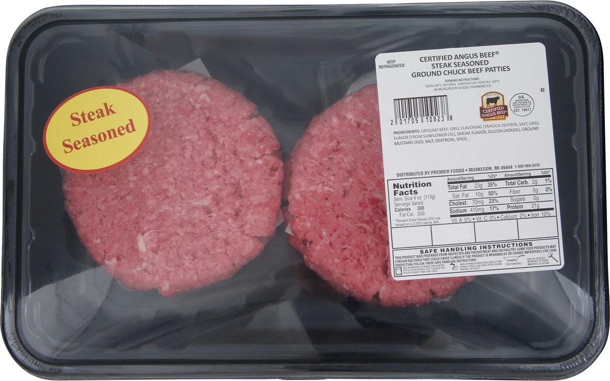 slide 2 of 2, Premier Foods Certified Angus Beef Steak Seasoned Ground Chuck Beef Patties 1 ea, per lb