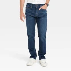 Men's Straight Fit Jeans - Goodfellow & Co™ Dark Wash 34x34: Midweight Denim, Solid Pattern, Stretch Fabric, Machine Washable