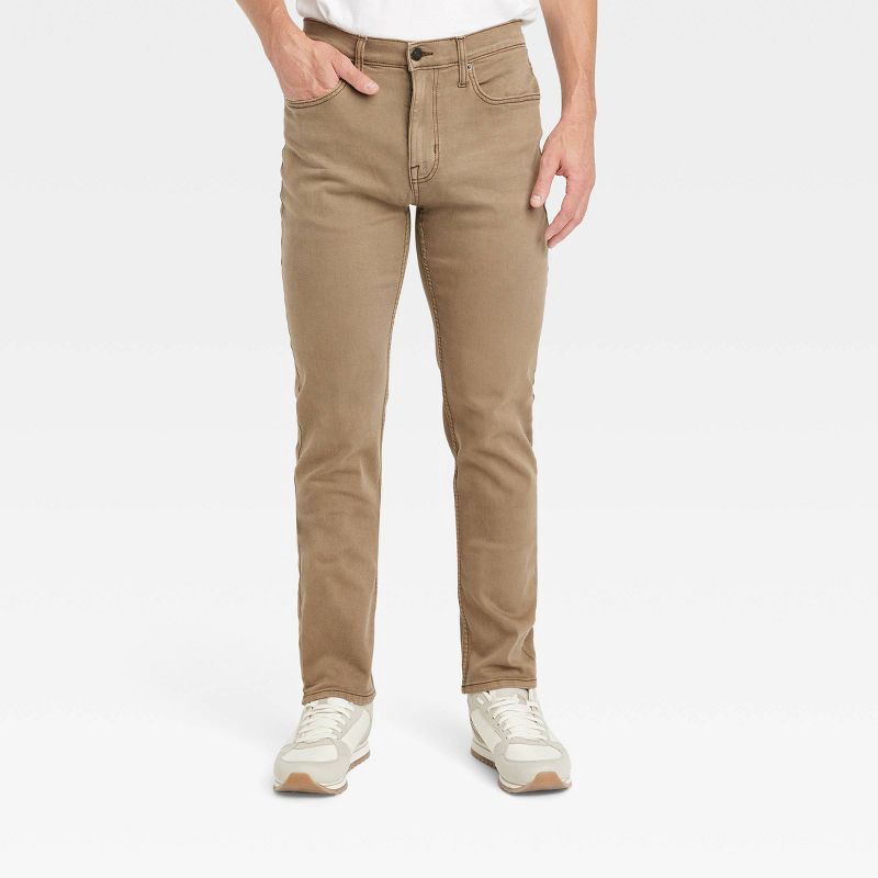 slide 1 of 3, Men's Comfort Wear Slim Fit Jeans - Goodfellow & Co™ Beige 38x32: Heavyweight Khaki Denim, Mid Rise, Stretch Fabric, Machine Washable, 1 ct