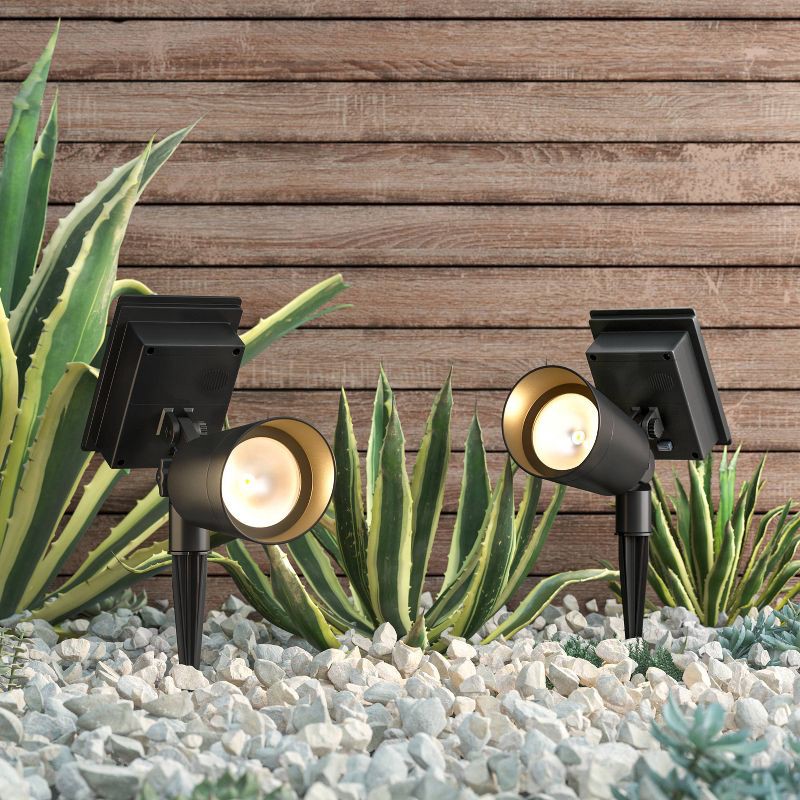 slide 2 of 4, 2pk Short Solar LED Outdoor Spotlights Matte Black - Threshold™: Weather-Resistant, Automatic, with Ground Stakes, 2 ct