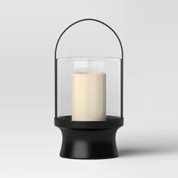 16" Modern Metal and Glass Large Battery LED Pillar Candle Outdoor Lantern Black - Threshold™