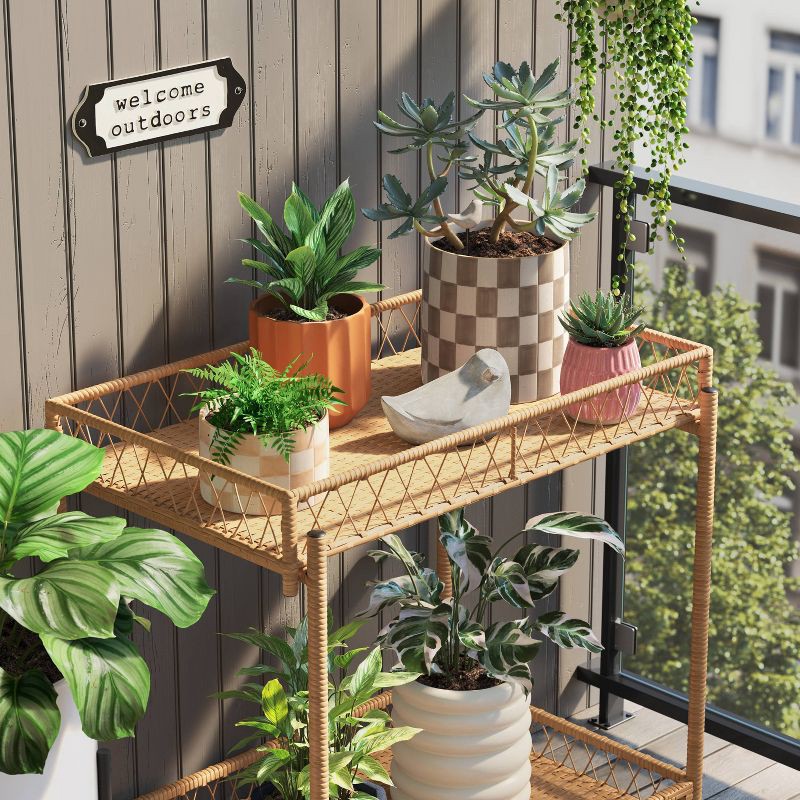 slide 2 of 4, Checker Stoneware Indoor Outdoor Planter Pot Brown 8"x8" - Threshold™: Traditional Style, Freestanding Flower Container with Drainage, 1 ct