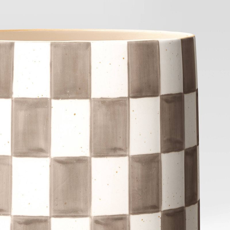 slide 4 of 4, Checker Stoneware Indoor Outdoor Planter Pot Brown 8"x8" - Threshold™: Traditional Style, Freestanding Flower Container with Drainage, 1 ct