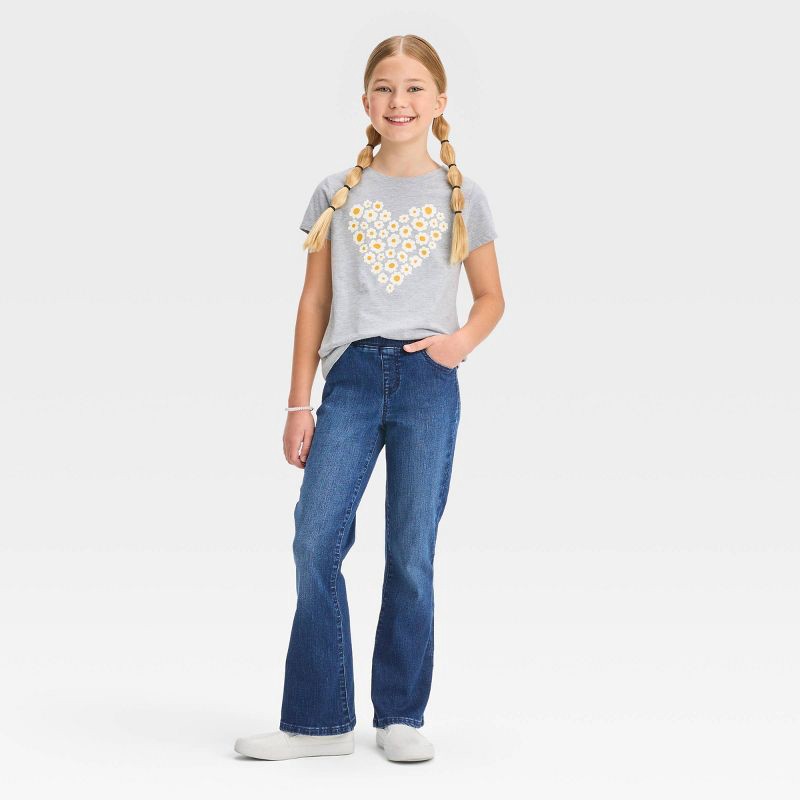 slide 3 of 3, Girls' Mid-Rise Pull-On Flare Jeans - Cat & Jack™ Medium Wash 5: Lightweight Denim, Elastic Waist, Solid Pattern, Below Knee Length, 1 ct