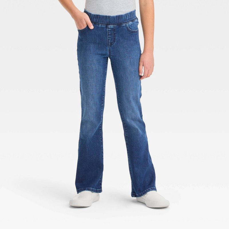 slide 1 of 3, Girls' Mid-Rise Pull-On Flare Jeans - Cat & Jack™ Medium Wash 5: Lightweight Denim, Elastic Waist, Solid Pattern, Below Knee Length, 1 ct