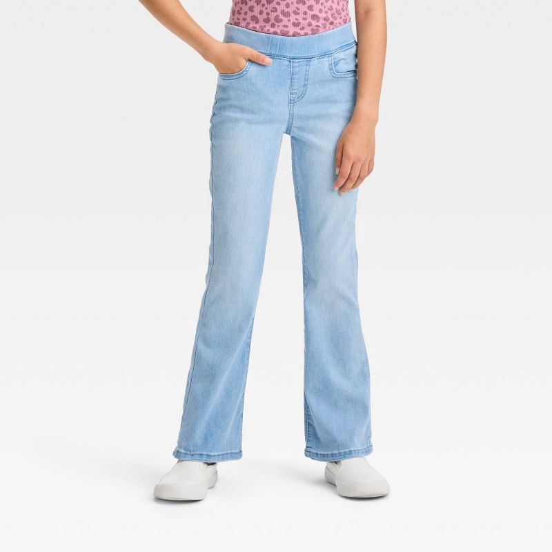 slide 1 of 3, Girls' Mid-Rise Pull-On Flare Jeans - Cat & Jack™ Light Wash 5: Denim, Elastic Waist, Back Pocket, 1 ct