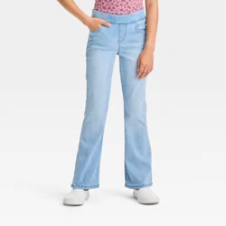Girls' Mid-Rise Pull-On Flare Jeans - Cat & Jack™ Light Wash 7: Lightweight Denim, Elastic Waist, Solid Pattern, 22.25" Inseam