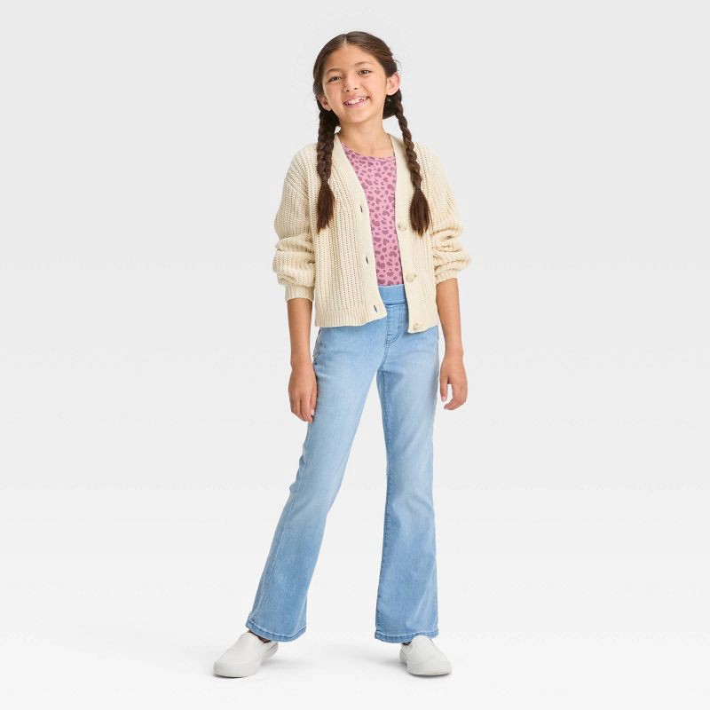 slide 3 of 3, Girls' Mid-Rise Pull-On Flare Jeans - Cat & Jack™ Light Wash 8: Lightweight Denim, Elastic Waist, Faux Pocket Design, 1 ct