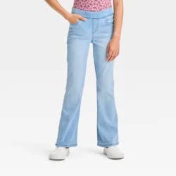 Girls' Mid-Rise Pull-On Flare Jeans - Cat & Jack™ Light Wash 16: Denim, Elastic Waist, Back Pocket
