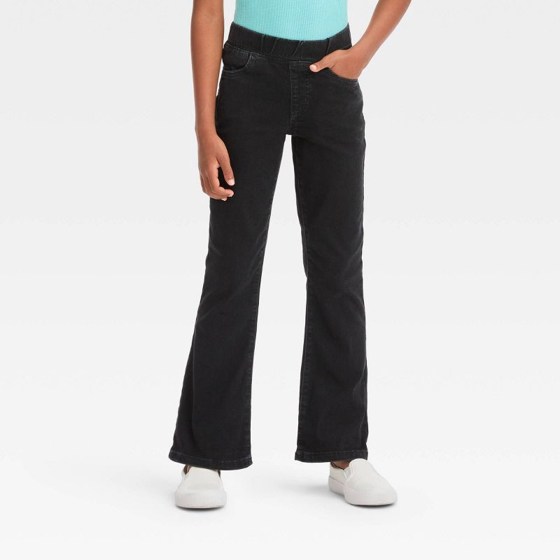 slide 1 of 3, Girls' Mid-Rise Pull-On Flare Jeans - Cat & Jack™ Black 16: Lightweight Denim, Elastic Waist, Solid Pattern,, 1 ct