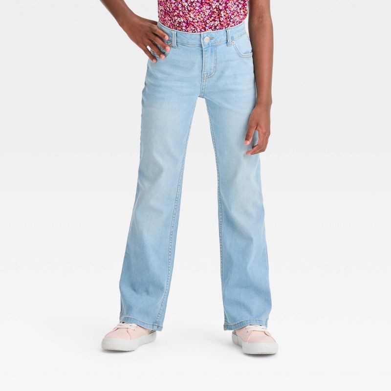 slide 1 of 7, Girls' Mid-Rise Bootcut Jeans - Cat & Jack™ Light Wash 6: Adjustable Waist, Denim Stretch, Full Length, 1 ct