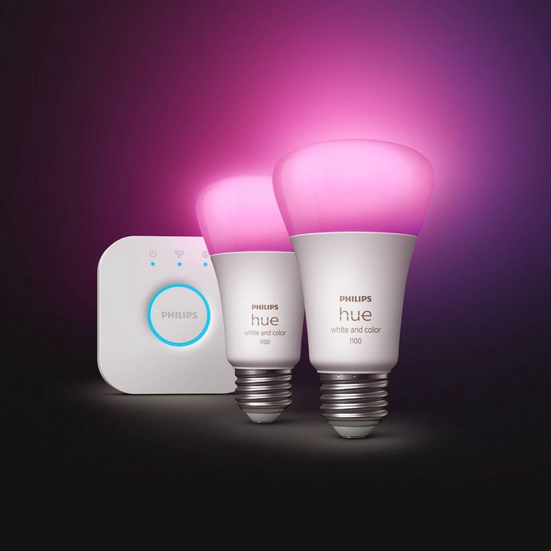 slide 3 of 7, Philips Hue 2pk A19 LED Starter Kit with Bridge Color: Energy Star, Dimmable, Smartphone Controlled, 1100 Lumens, 22-Year Life, 2 ct