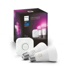 Philips Hue 2pk A19 LED Starter Kit with Bridge Color: Energy Star, Dimmable, Smartphone Controlled, 1100 Lumens, 22-Year Life
