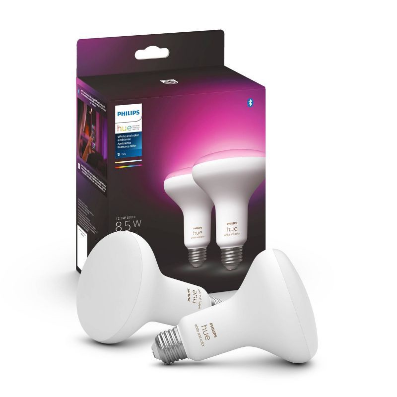 slide 1 of 6, Philips Hue 2pk BR30 Color LED Smart Bluetooth Lights and Bridge Compatible: Energy Star, Dimmable, 1200 Lumens, 22-Year Life, 2 ct