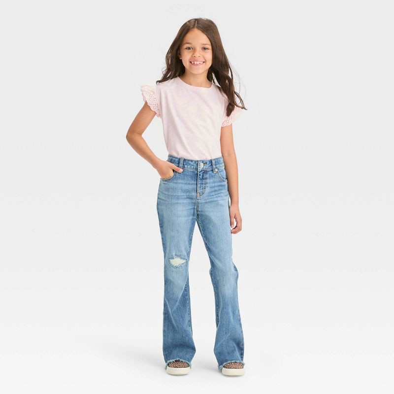 slide 3 of 3, Girls' Mid-Rise Flare Jeans - Cat & Jack™ Medium Wash 4: Adjustable Waistband, Stretch Denim, 1 ct