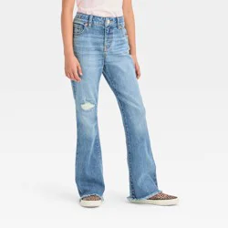 Girls' Mid-Rise Flare Jeans - Cat & Jack™ Medium Wash 8: Adjustable Waistband, Stretch Denim