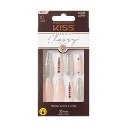 KISS Premium Classy Press-On Nails, Glittery French Tips, Long, Coffin Shape, 33 Ct.
