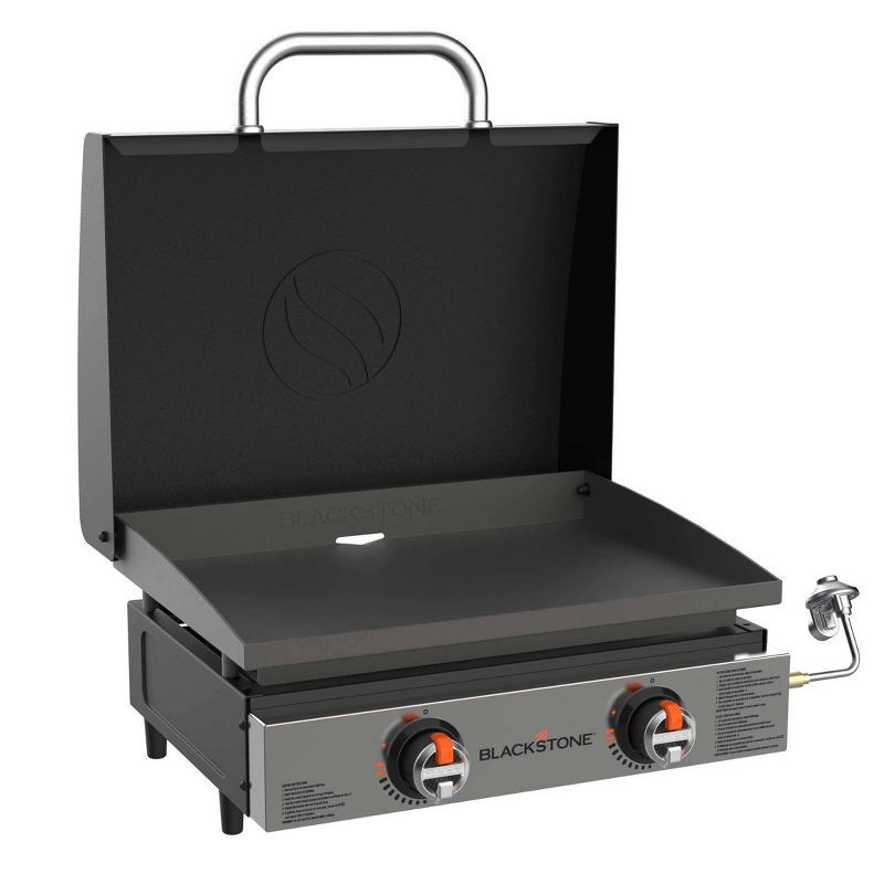 slide 1 of 6, Blackstone 2 Burner 22" Tabletop Griddle Front with Hood 24000 BTU Gas Grill 2144 - Black: Portable, Cast Iron Cooking Surface, 1 ct