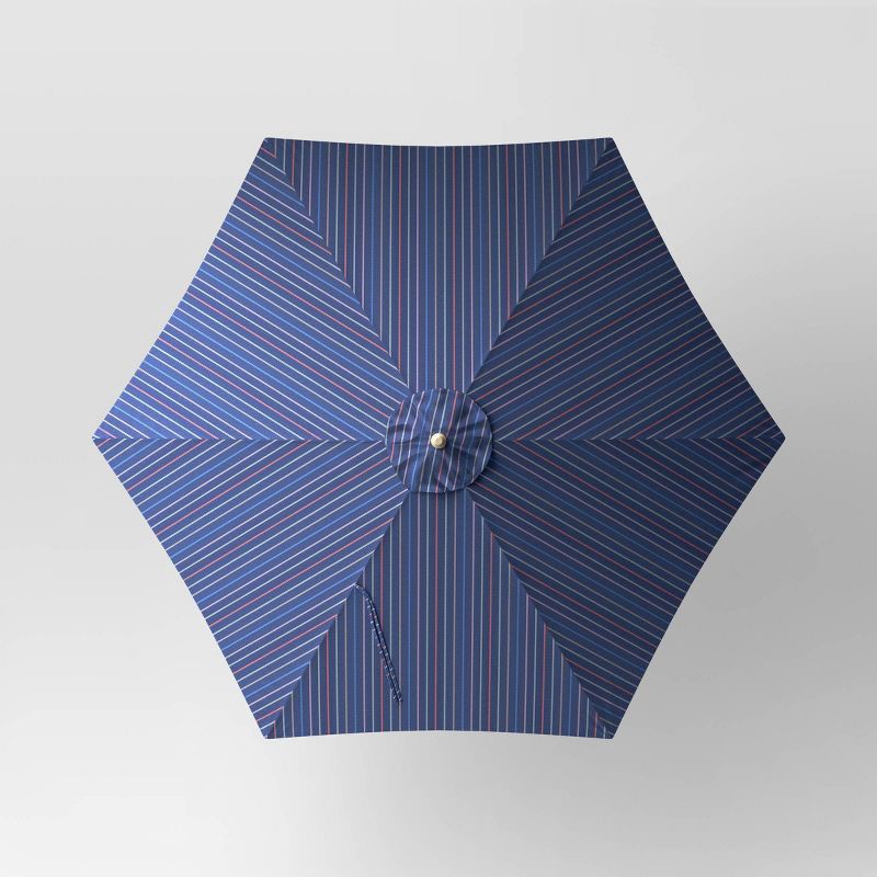 slide 5 of 6, 9' Round Dashed Lines Outdoor Patio Market Umbrella with Faux Wood Pole - Threshold™: Fade-Resistant, Crank Tilt, 1 ct