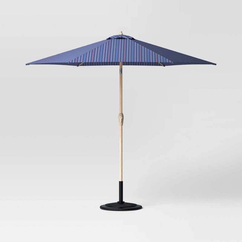 slide 1 of 6, 9' Round Dashed Lines Outdoor Patio Market Umbrella with Faux Wood Pole - Threshold™: Fade-Resistant, Crank Tilt, 1 ct