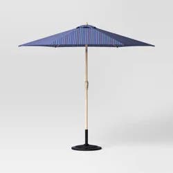 9' Round Dashed Lines Outdoor Patio Market Umbrella with Faux Wood Pole - Threshold™: Fade-Resistant, Crank Tilt