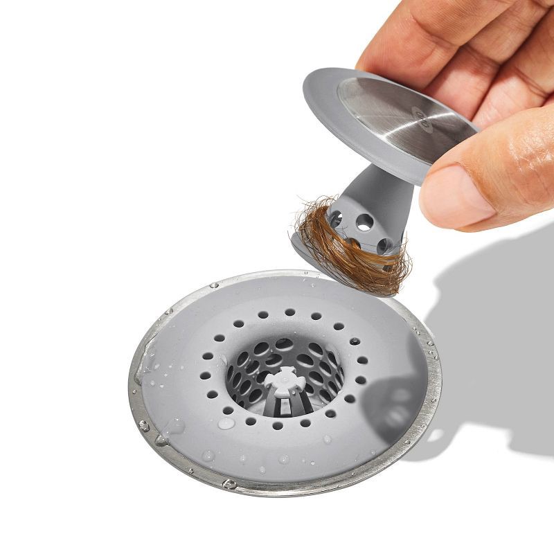 slide 4 of 6, Hair Catch Drain Protector Gray - OXO: Stainless Steel & Silicone, Tub and Shower Drain Stoppers, 1 ct