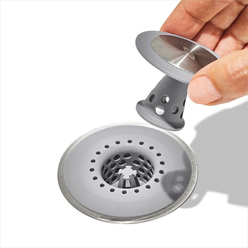 slide 5 of 6, Hair Catch Drain Protector Gray - OXO: Stainless Steel & Silicone, Tub and Shower Drain Stoppers, 1 ct