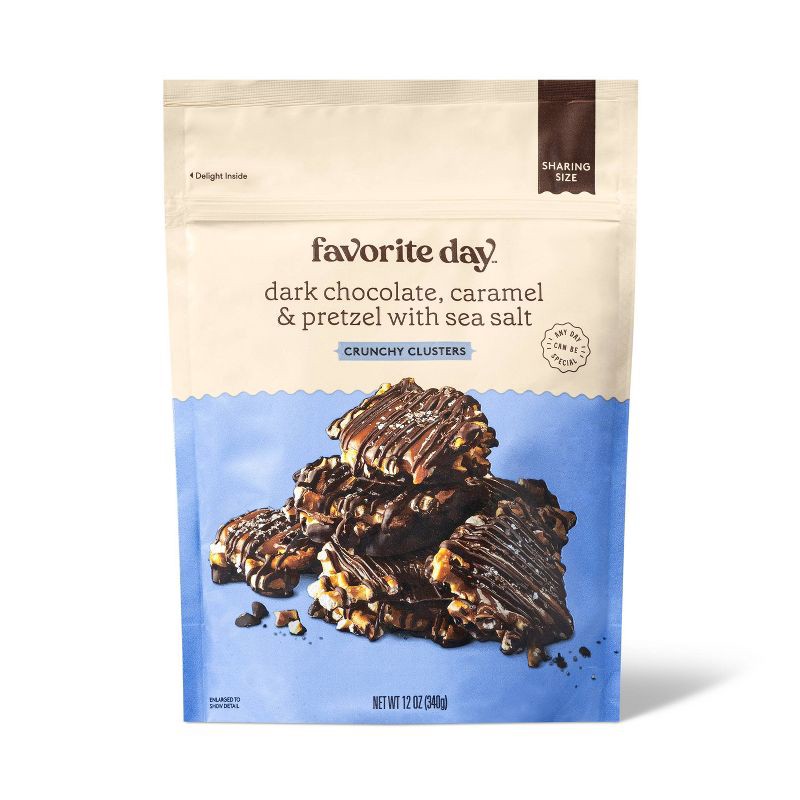 slide 1 of 3, Dark Chocolate, Caramel, Pretzel with Sea Salt Crunchy Clusters Candy Sharing Size - 12oz - Favorite Day™, 12 oz