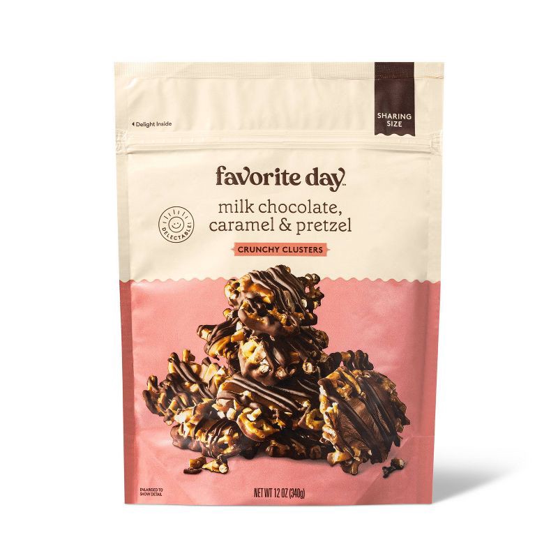slide 1 of 4, Milk Chocolate, Caramel, Pretzel Crunchy Clusters Sharing Size - 12oz - Favorite Day™, 12 oz