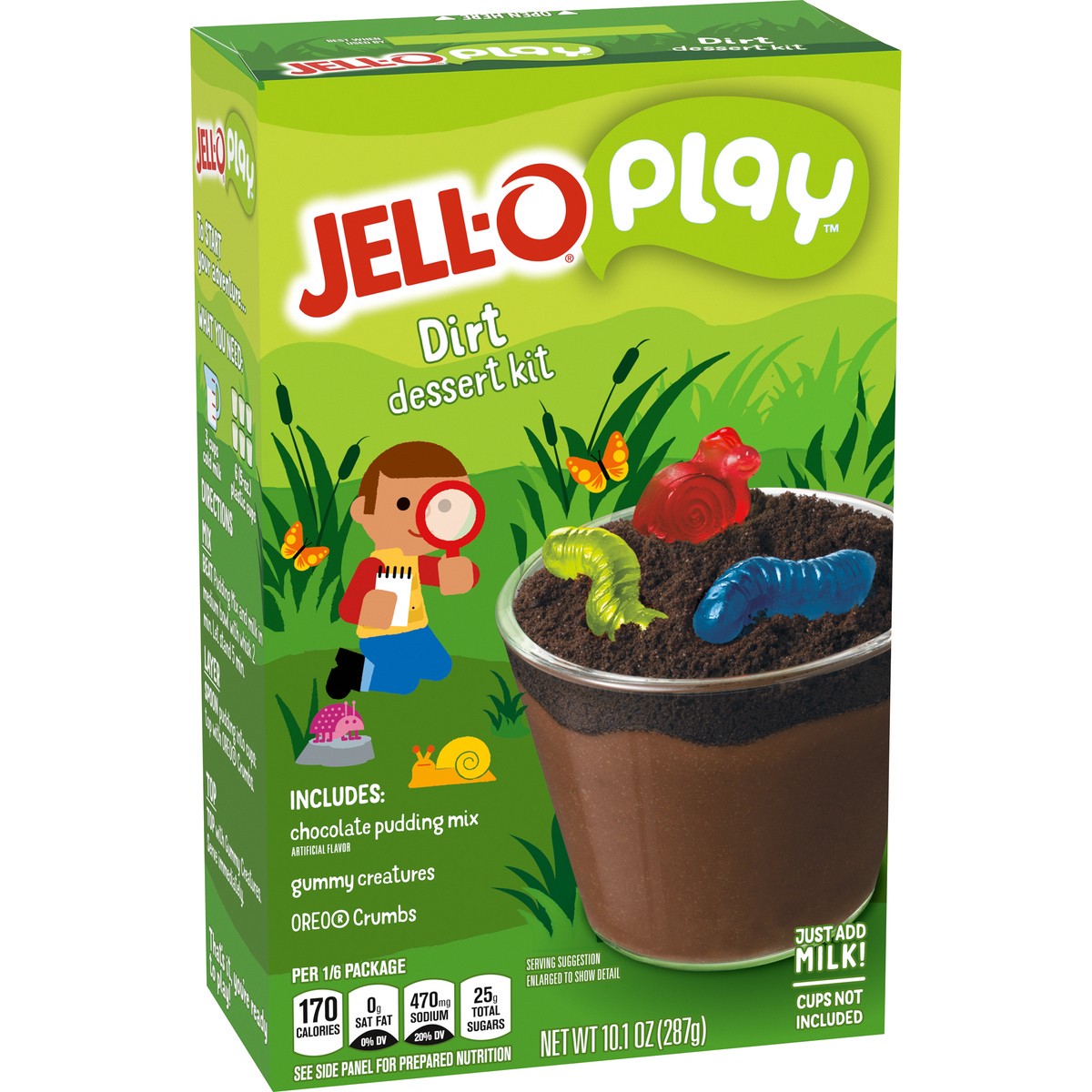 slide 7 of 9, Jell-O Play Dirt Dessert Kit with Chocolate Pudding Mix, Gummy Creatures & Oreo Crumbs, 10.1 oz Box, 10.1 oz