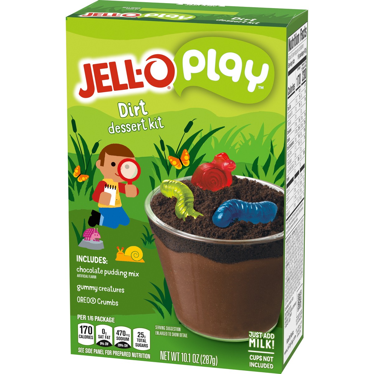 slide 9 of 9, Jell-O Play Dirt Dessert Kit with Chocolate Pudding Mix, Gummy Creatures & Oreo Crumbs, 10.1 oz Box, 10.1 oz