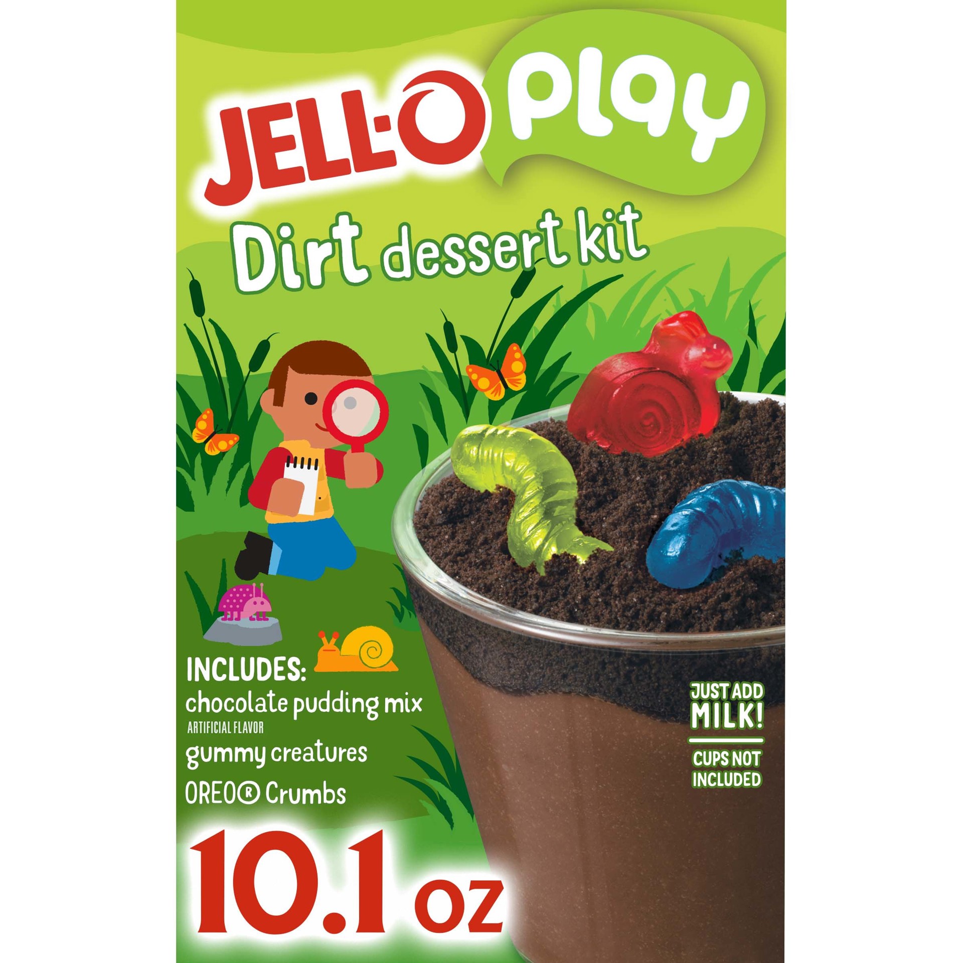 slide 1 of 9, Jell-O Play Dirt Dessert Kit with Chocolate Pudding Mix, Gummy Creatures & Oreo Crumbs, 10.1 oz Box, 10.1 oz