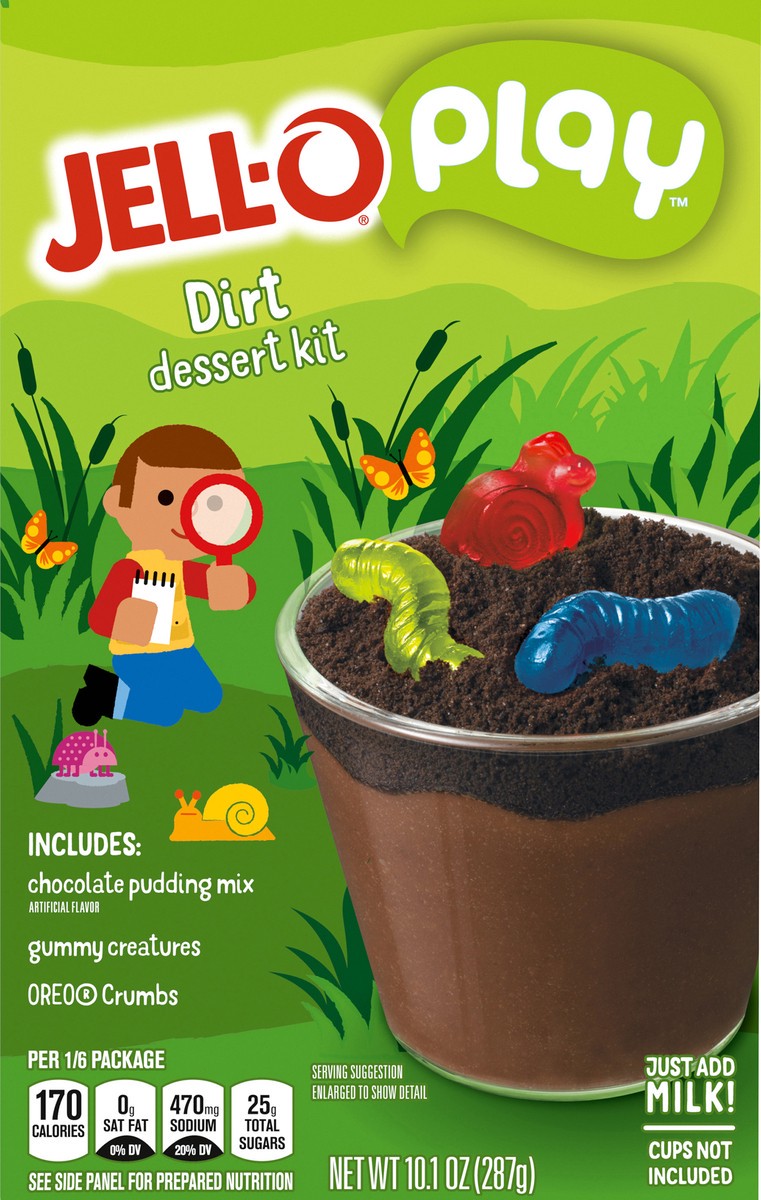 slide 8 of 9, Jell-O Play Dirt Dessert Kit with Chocolate Pudding Mix, Gummy Creatures & Oreo Crumbs, 10.1 oz Box, 10.1 oz