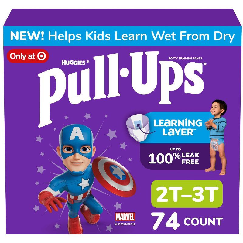 slide 1 of 9, Pull-Ups Boys' Potty Training Pants - 2T-3T - 74ct: Easy-Open Sides, Absorbent Layers, Disposable, Wood Fluff Pulp, 74 ct