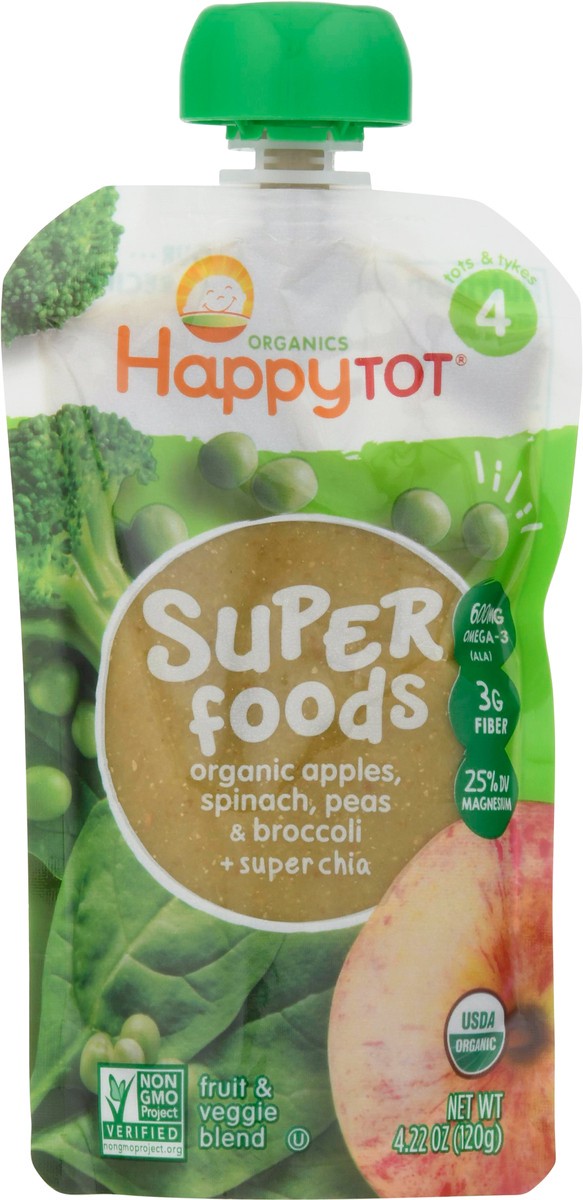slide 4 of 14, Happy Tot Organics 4 Tots & Tykes Apples, Spinach, Peas & Broccoli Fruit & Veggie Blend 4.22 oz, 4.22 oz
