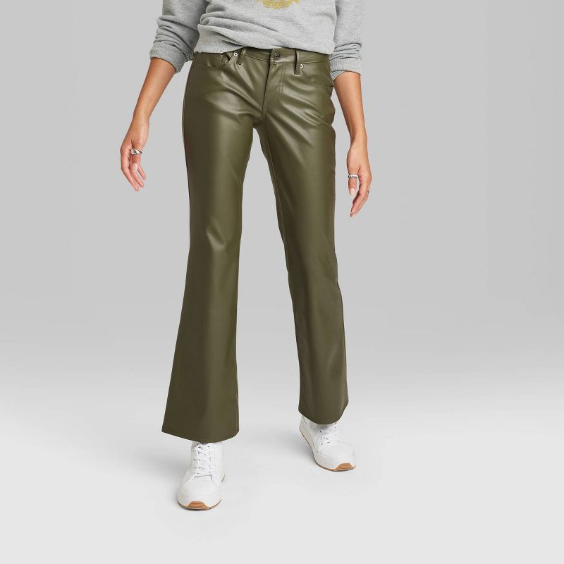 slide 3 of 3, Women's Low-Rise Faux Leather Flare Pants - Wild Fable Olive Green 14, 1 ct