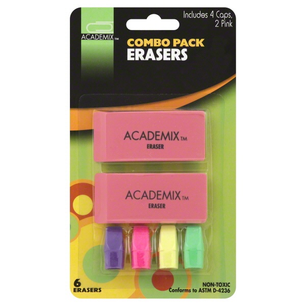 slide 1 of 1, Academix Combo Pack Erasers, 6 ct